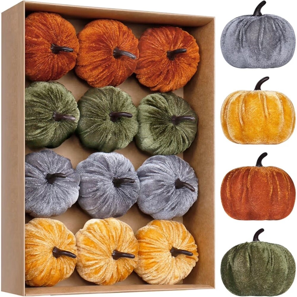 Set of 12 Velvet Thanksgiving Decor Pumpkins NEW